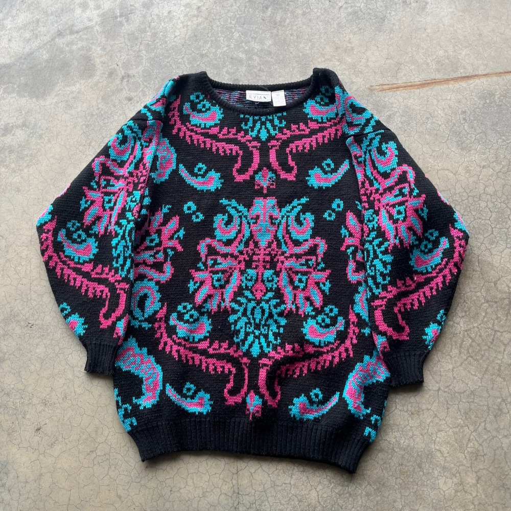 Vintage Evian Ltd Pink Blue Metallic Damask Knit Sweater Womens Medium Retro 80s